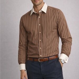 Paul Fredrick French Cuff Dress Shirt 18.5 36 Brown White Stripe Classic Fit